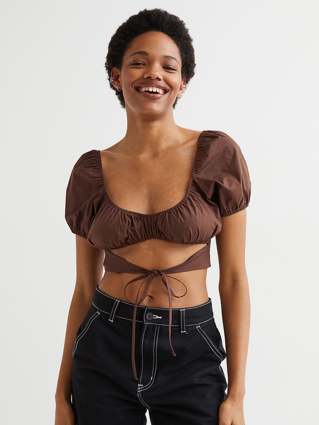 

H&M Brown Cropped Cut-Out Blouse