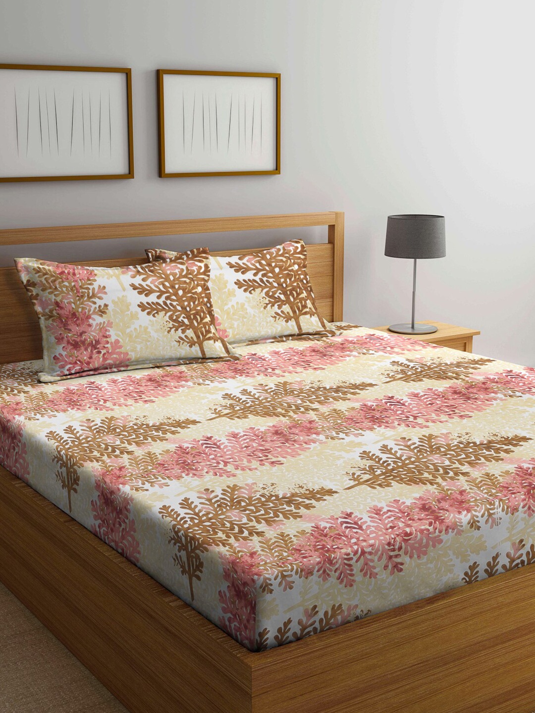 

Arrabi Pink & Brown Floral 300 TC King Bedsheet with 2 Pillow Covers