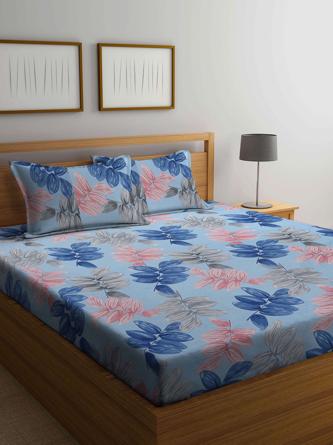 Arrabi Blue & Pink Floral 300 TC King Bedsheet with 2 Pillow Covers