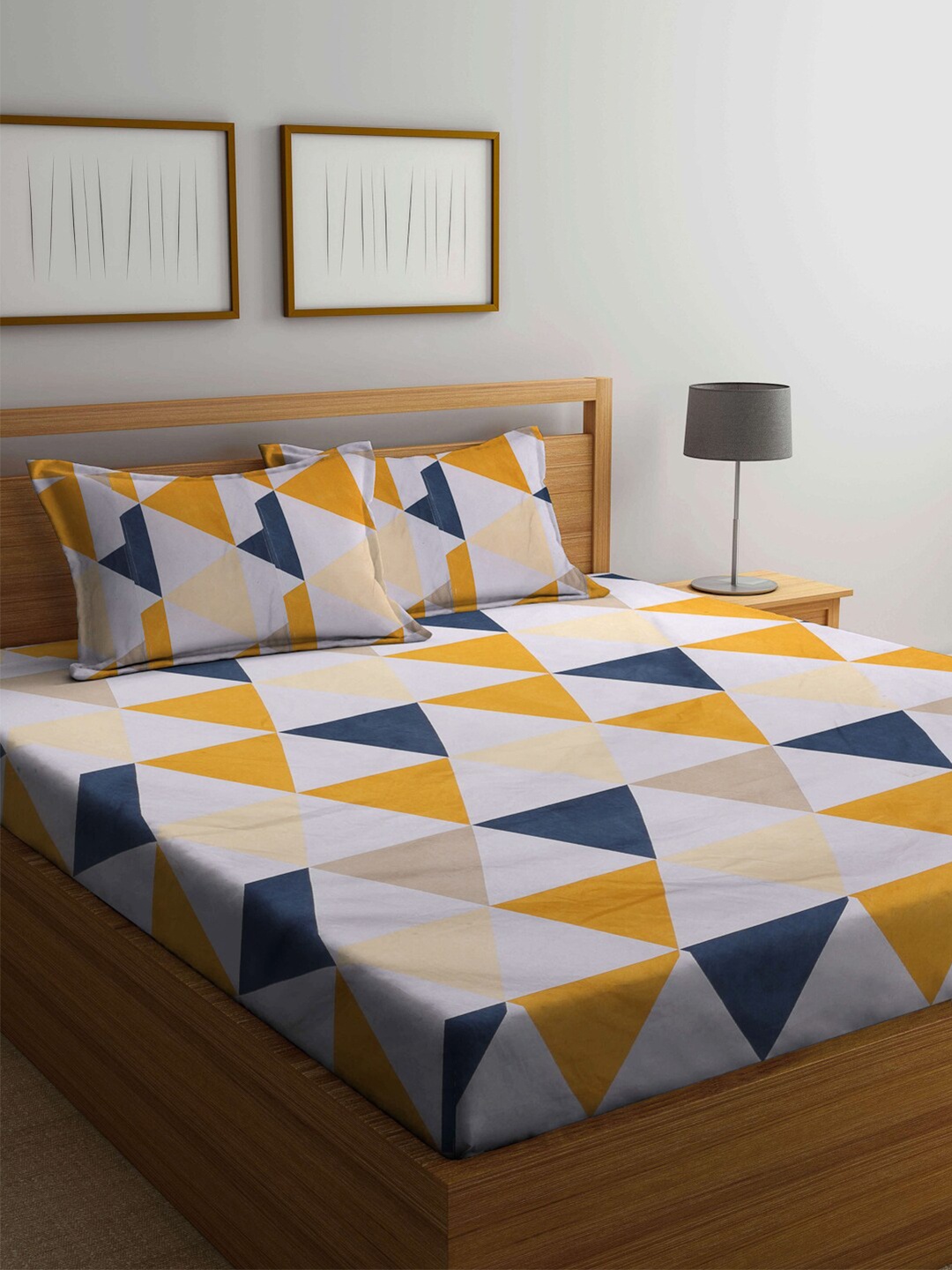 Arrabi Grey & Blue Geometric 300 TC King Bedsheet with 2 Pillow Covers
