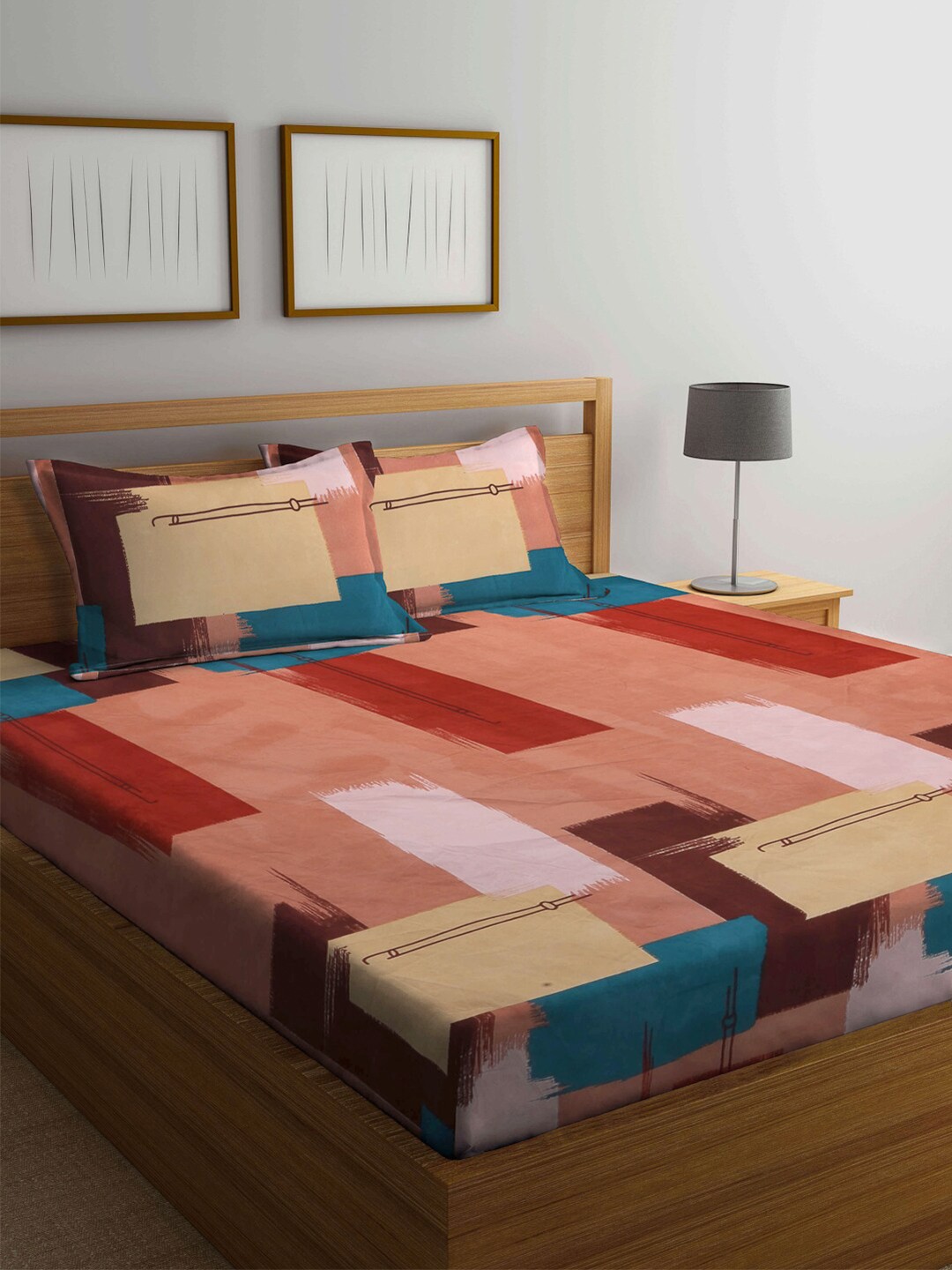 

Arrabi Peach-Coloured & Blue 300 TC King Bedsheet with 2 Pillow Covers