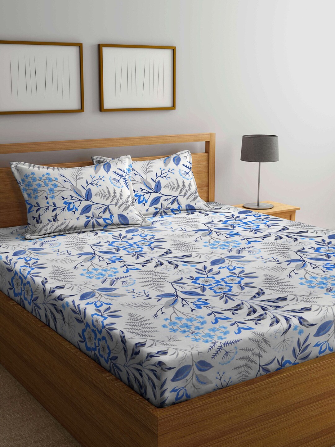 

Arrabi White & Blue Floral 300 TC King Bedsheet with 2 Pillow Covers
