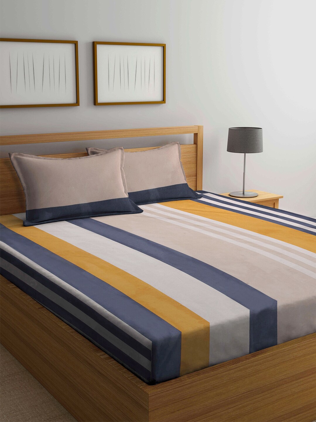 

Arrabi Blue & Yellow Striped 300 TC King Bedsheet with 2 Pillow Covers