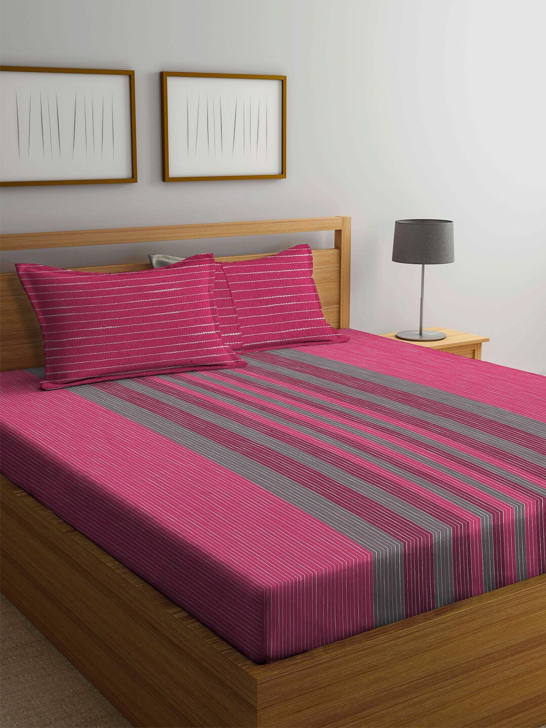 

Arrabi Pink & Grey Striped 300 TC King Cotton Bedsheet With 2 Pillow Covers