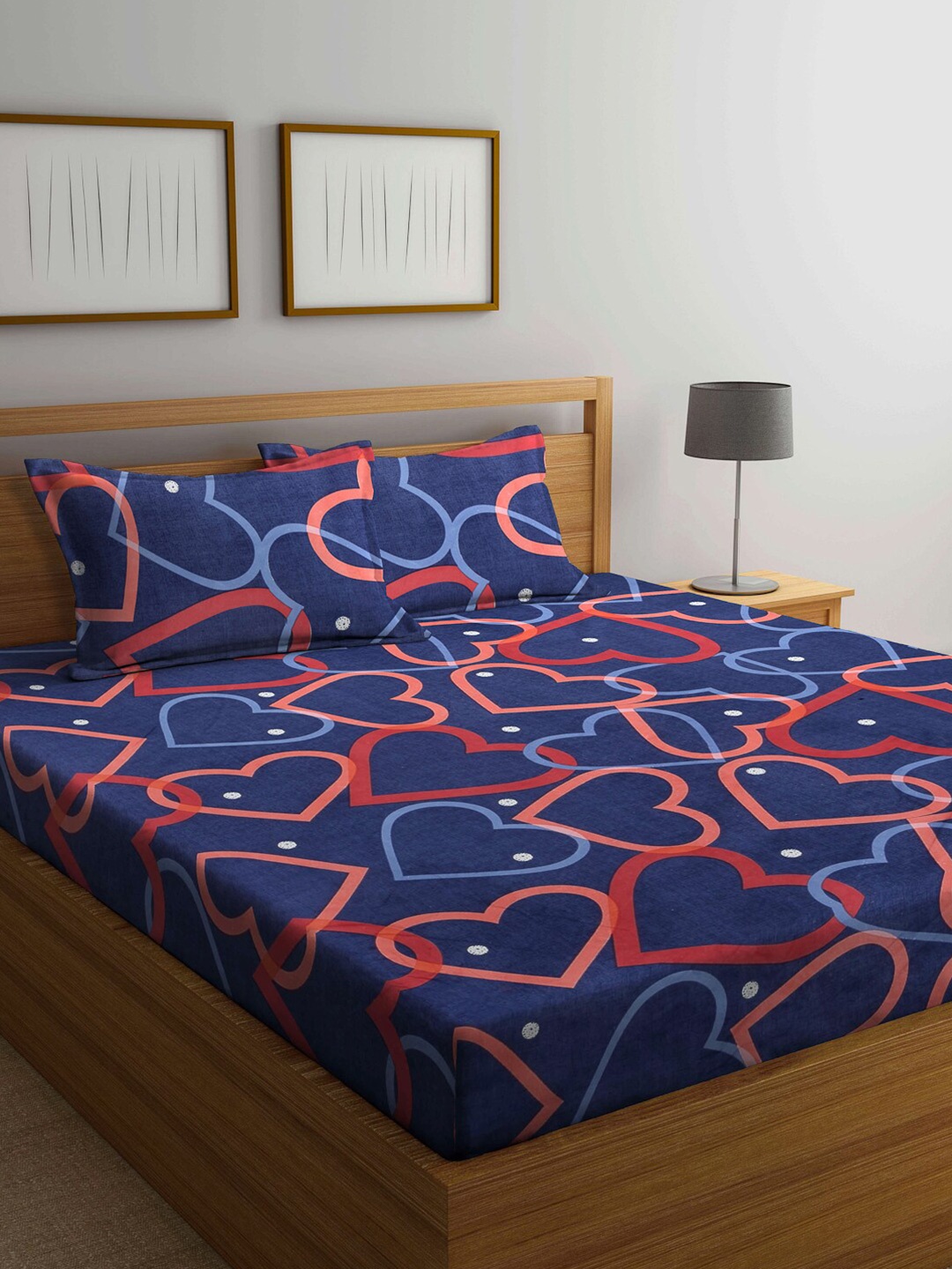 Arrabi Blue & Red Graphic 300 TC King Bedsheet with 2 Pillow Covers