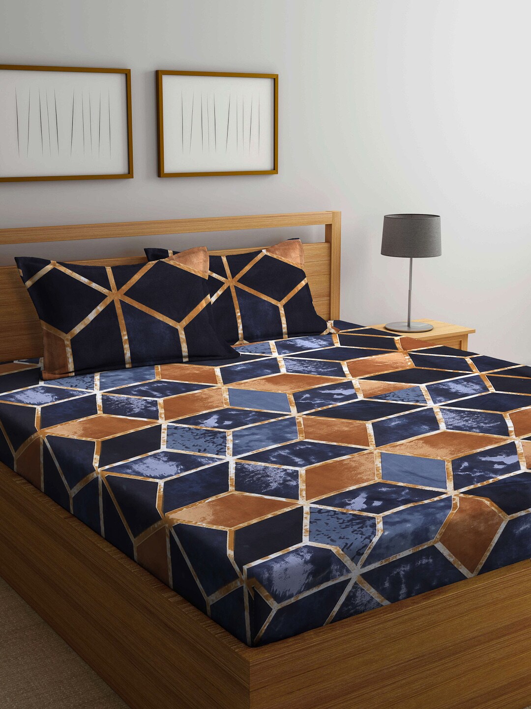 Arrabi Brown & Blue Geometric 300 TC King Bedsheet with 2 Pillow Covers