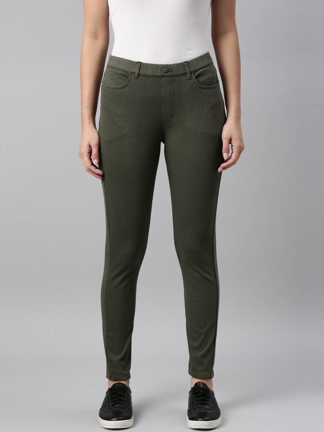 

Go Colors Women Olive Green Striped Denim Jeggings