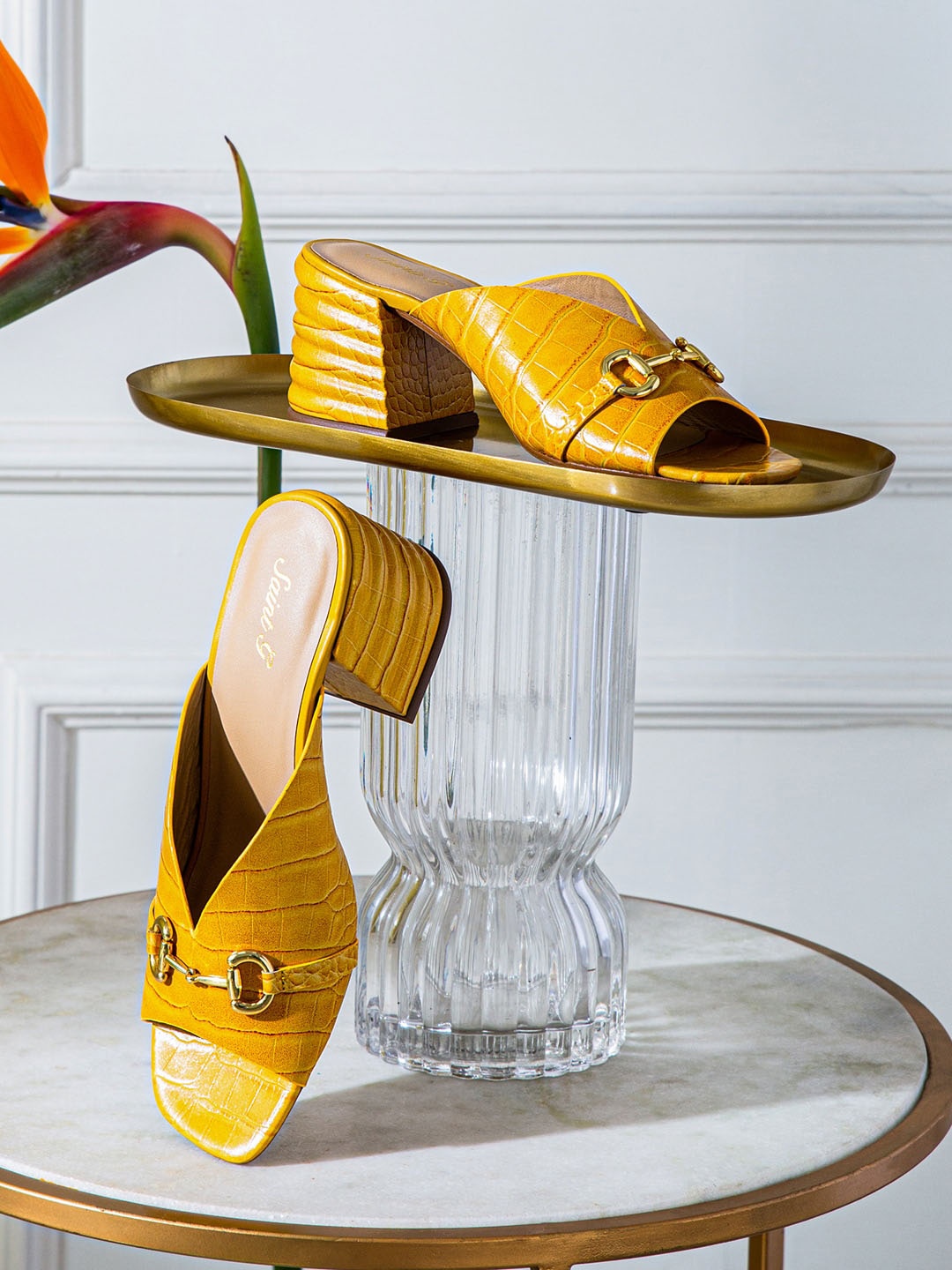 

Saint G Women Yellow Croc Embossed Leather Block Heel Mules