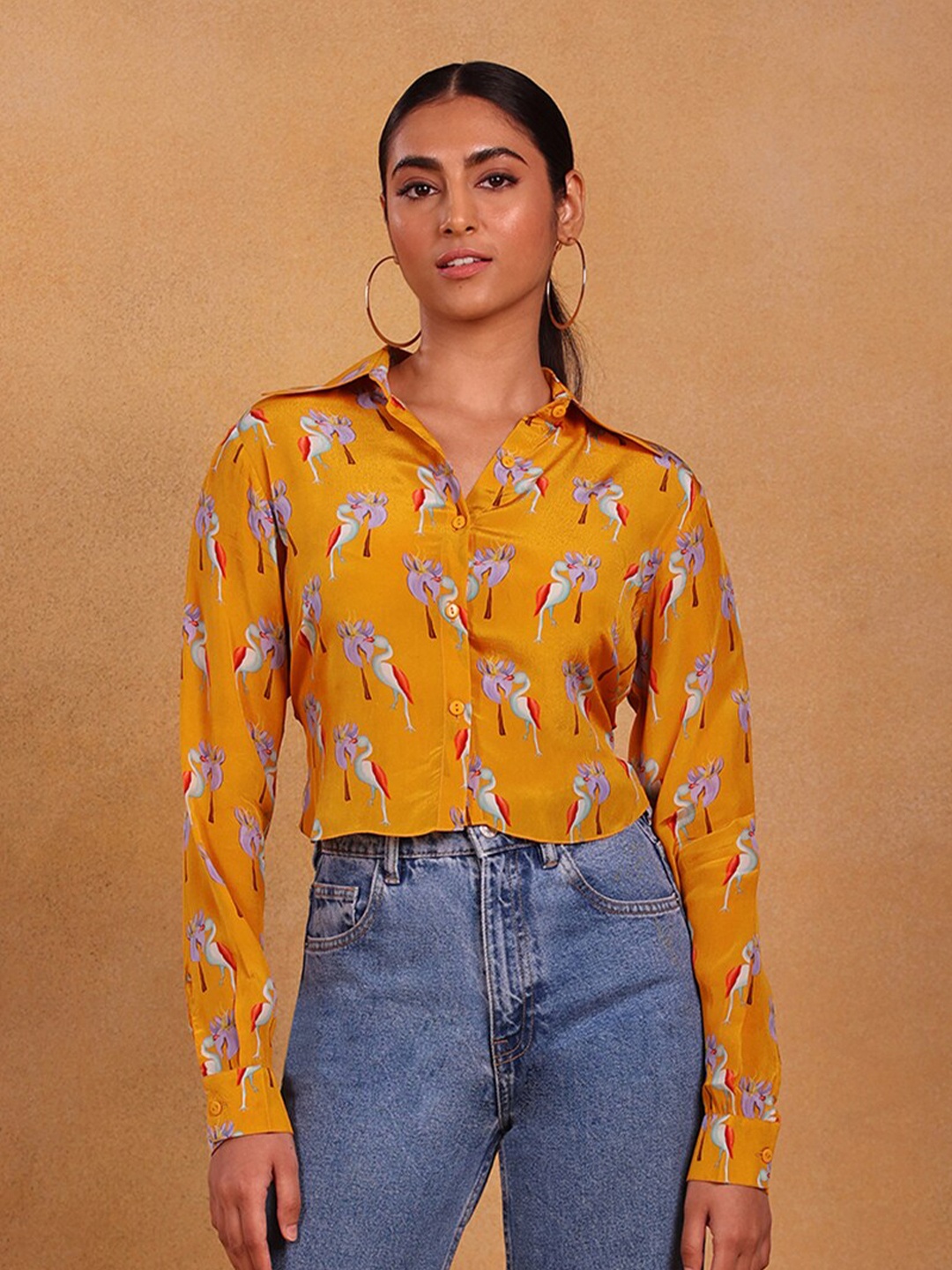 

Masaba Yellow Floral Print Crepe Shirt Style Crop Top