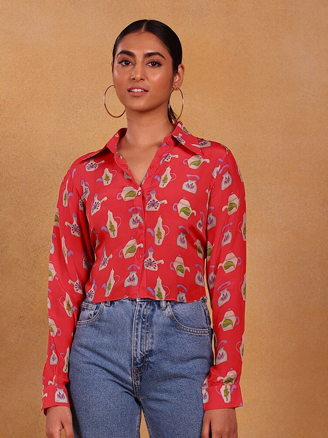 

Masaba Red & Multicoloured Print Crepe Shirt Style Top