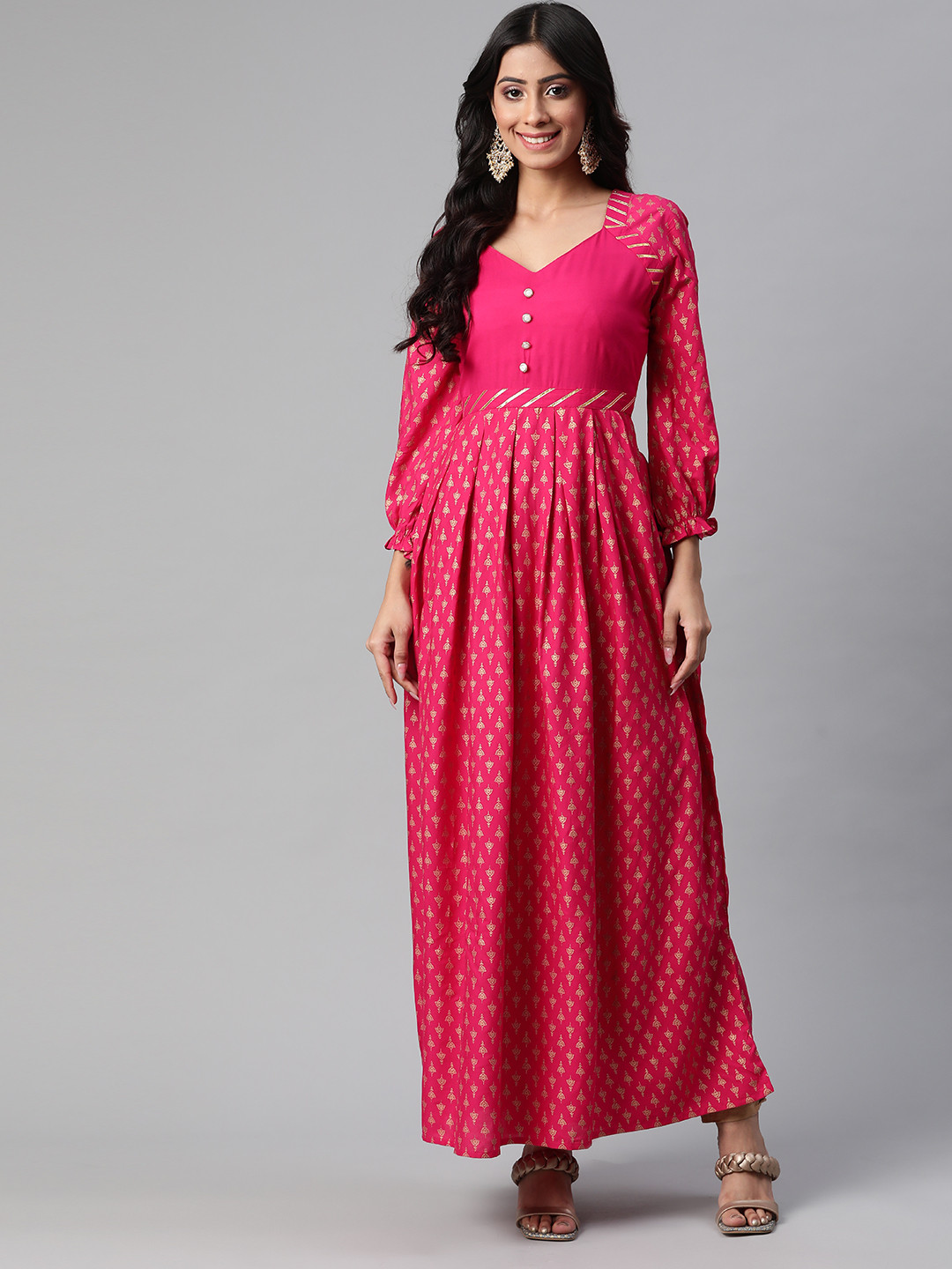 

KALINI Women Pink & Golden Ethnic Motifs Printed Anarkali Kurta