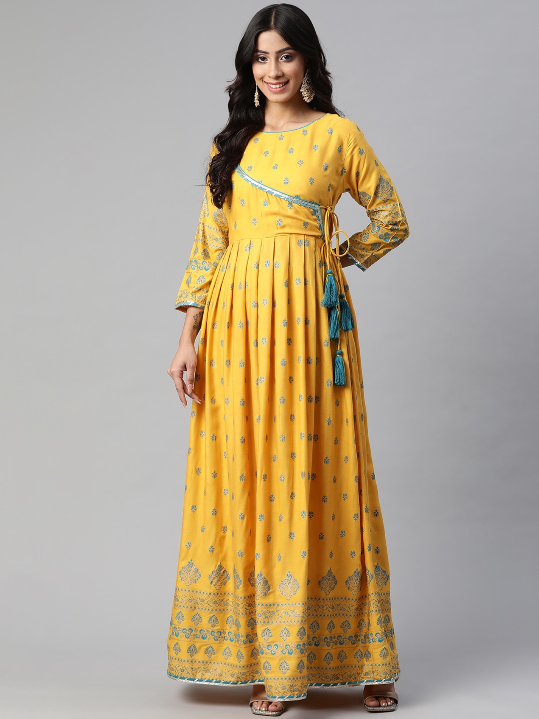 

KALINI Women Yellow & Blue Ethnic Printed Anarkali Kurta