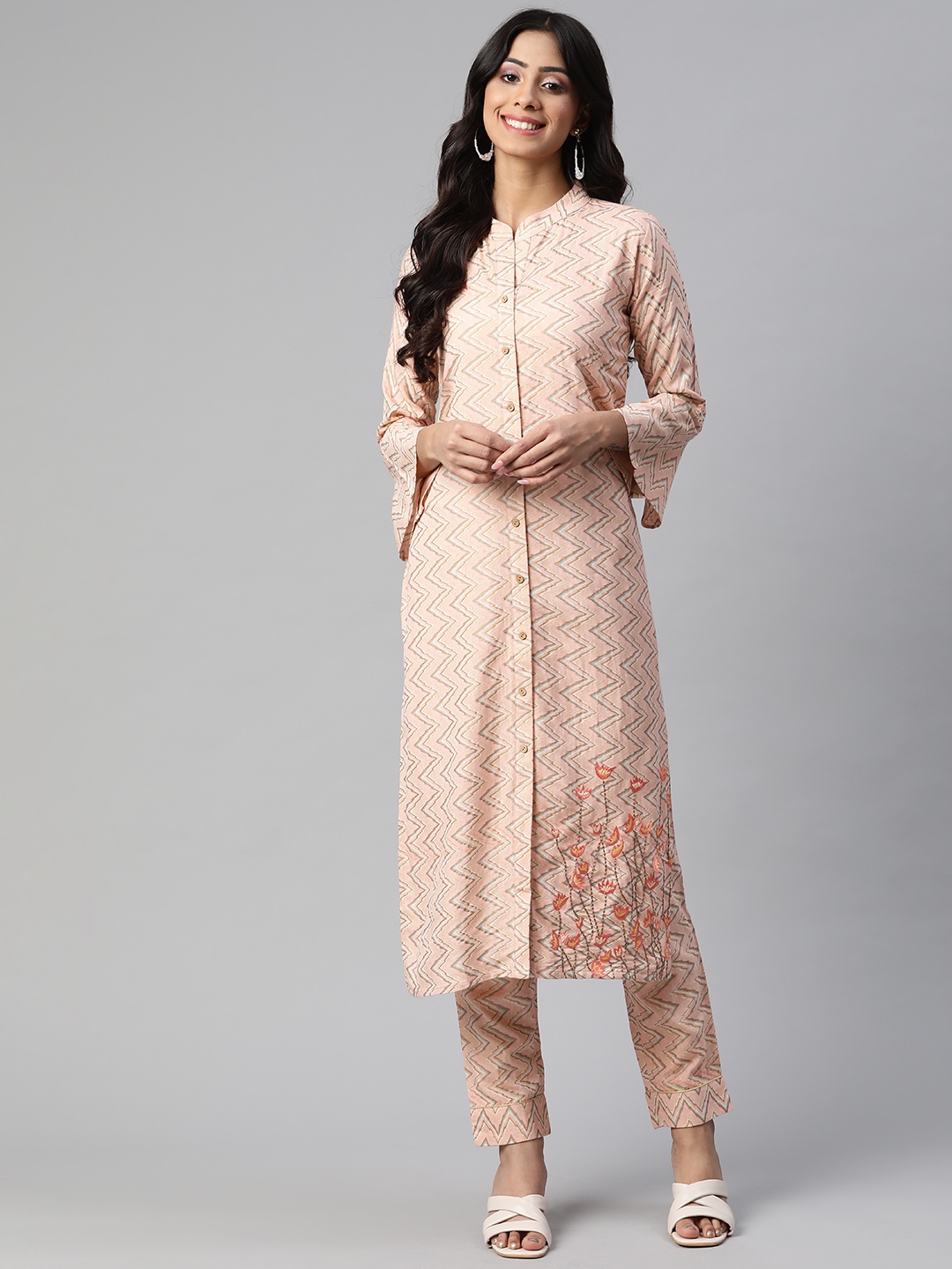 

KALINI Women Peach-Coloured Printed Kurta with Trousers