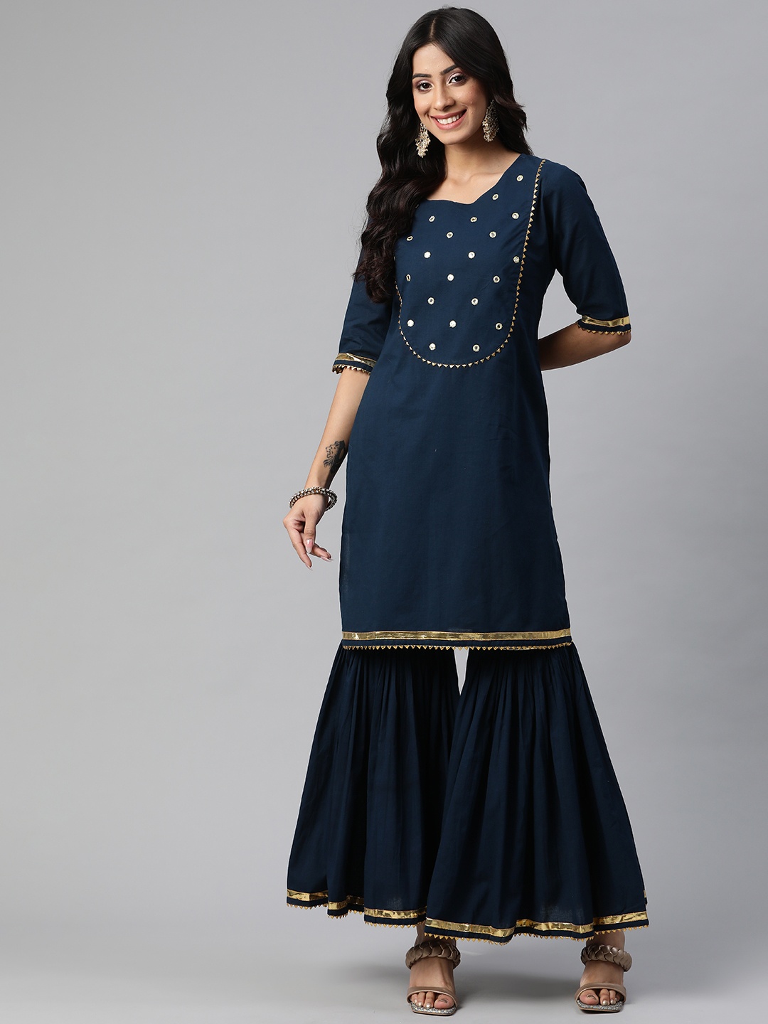 

KALINI Women Navy Blue Mirror Work Pure Cotton Kurta with Sharara