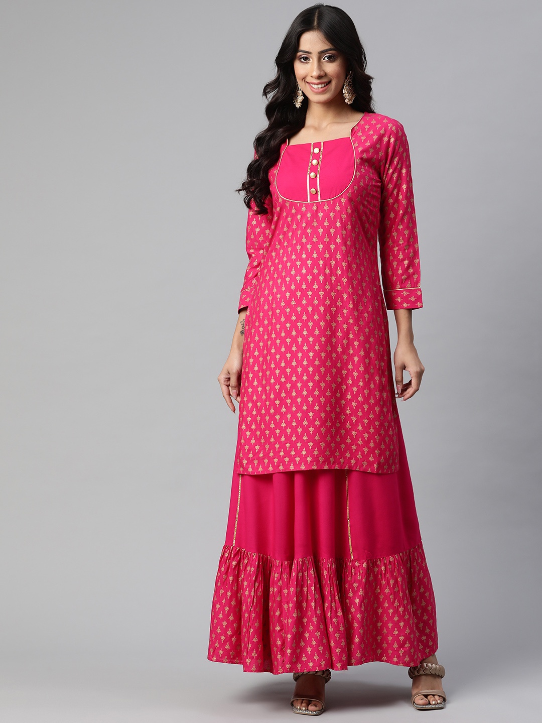 

KALINI Women Pink & Golden Ethnic Motifs Printed Kurta with Skirt