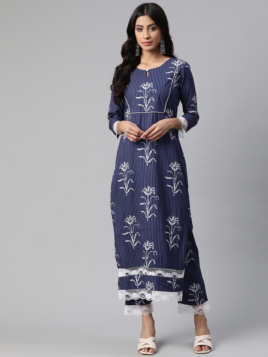 

KALINI Women Navy Blue & White Ethnic Motifs Printed Kurta with Trousers