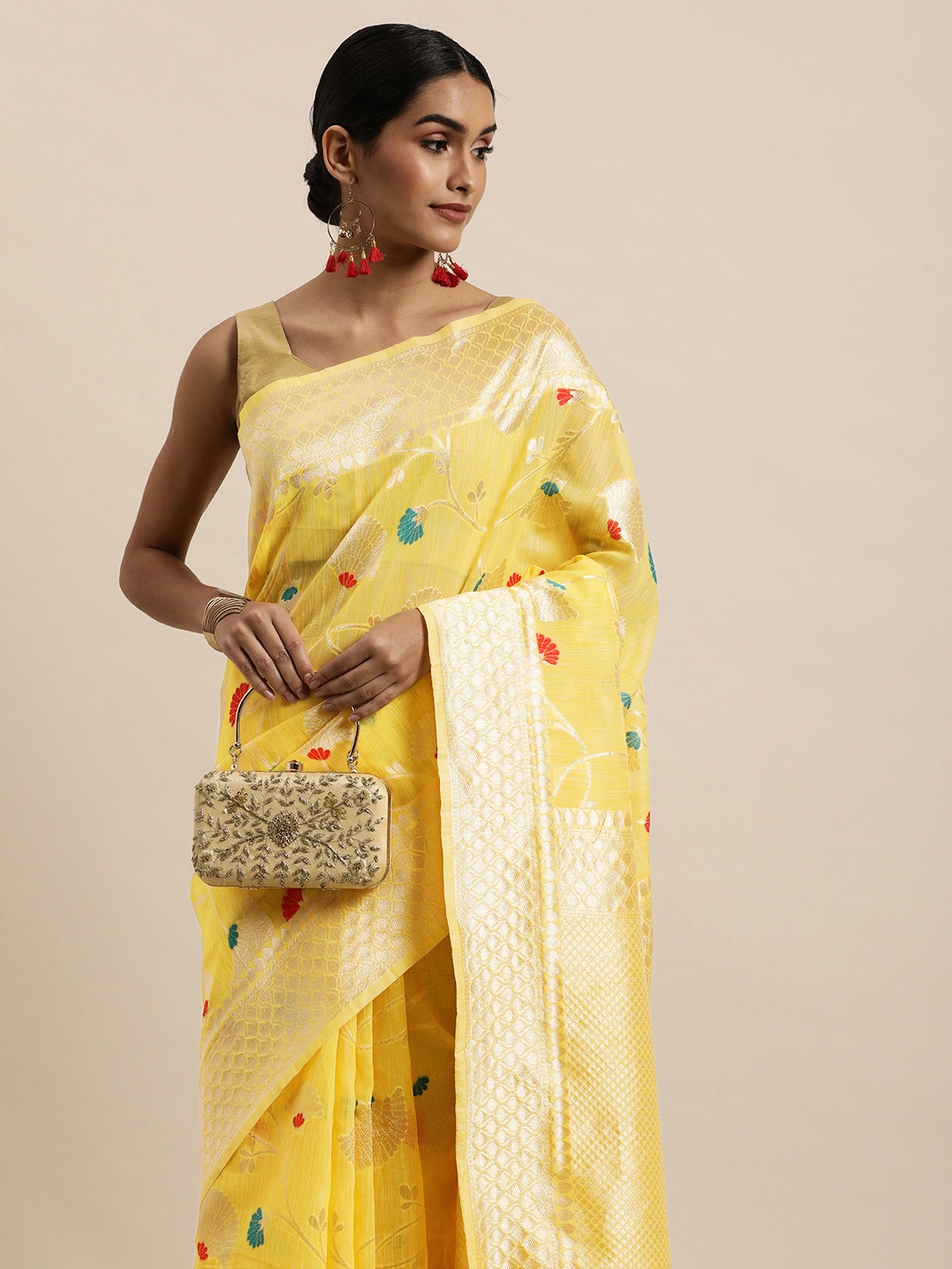 

Saree Swarg Yellow & Red Floral Woven Design Banarasi Sarees