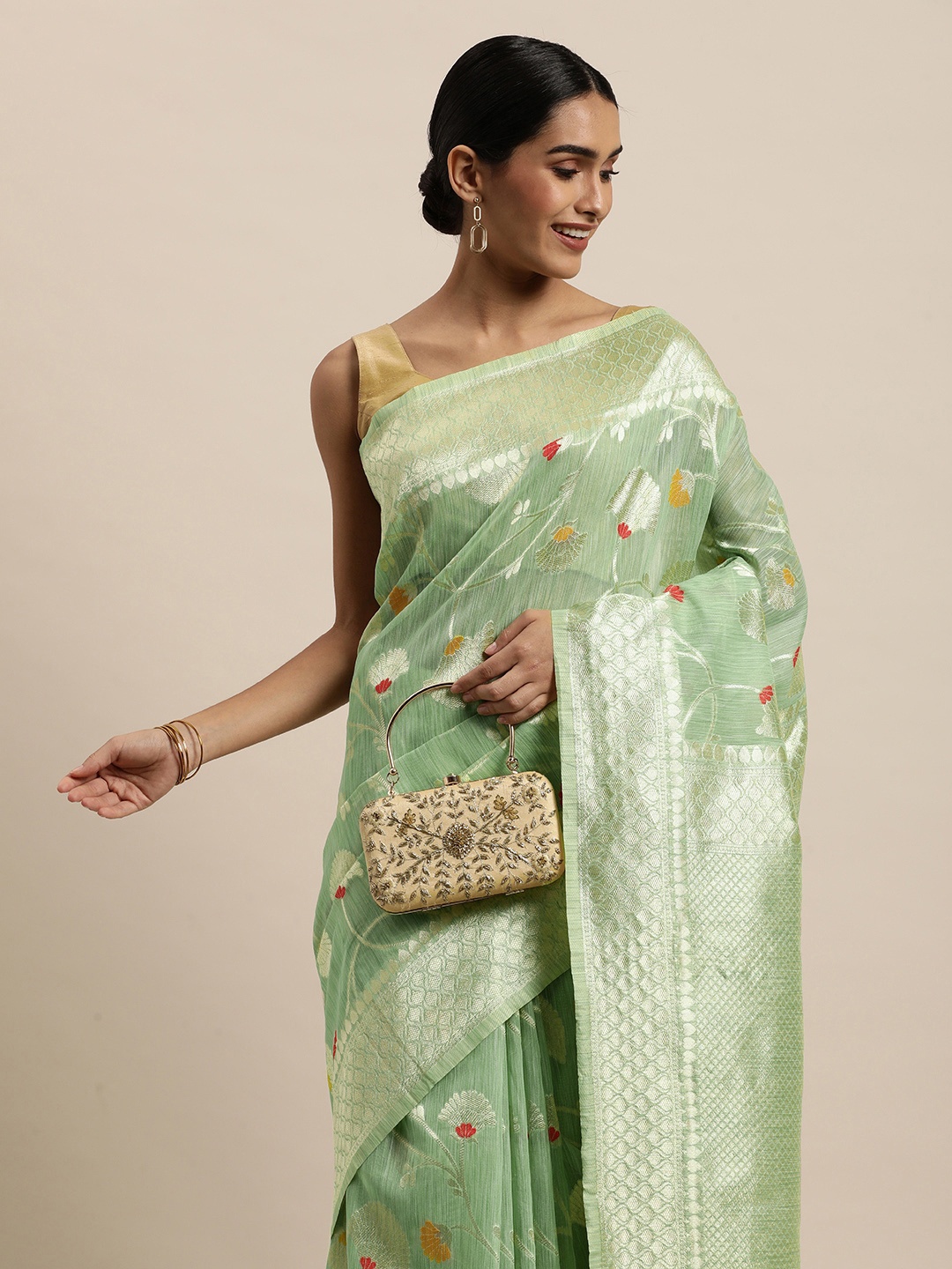 

Saree Swarg Green Ethnic Motifs Linen Blend Banarasi Sarees