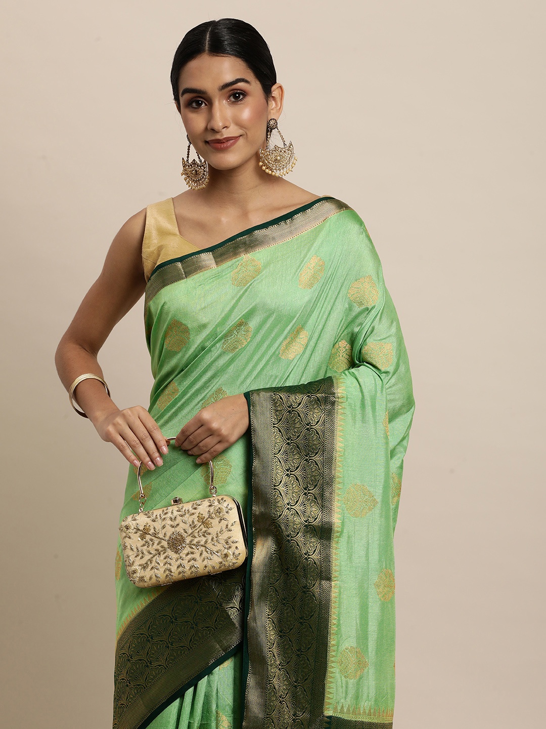 

Saree Swarg Green Ethnic Motifs Silk Blend Banarasi Sarees