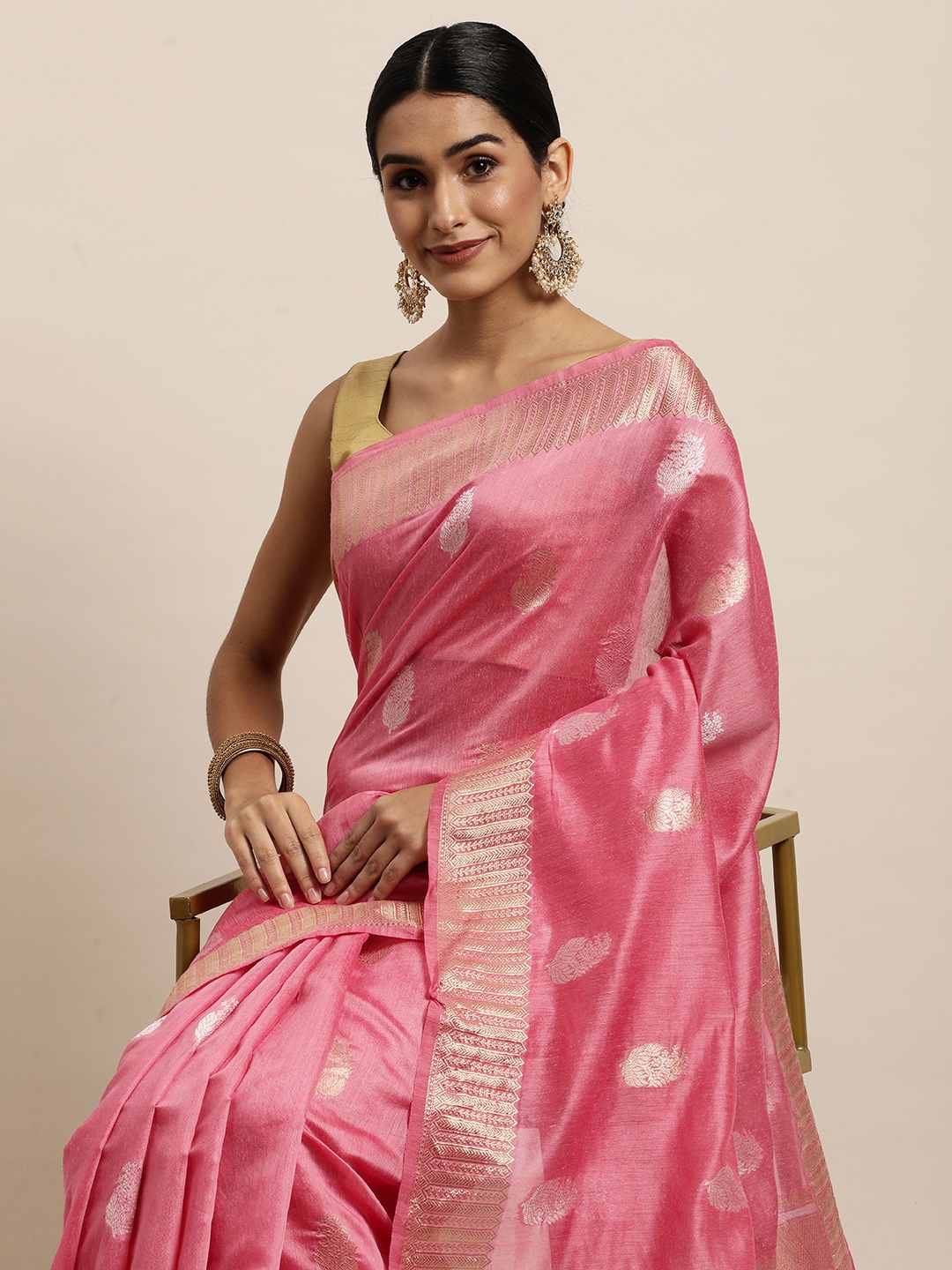 

Saree Swarg Pink & Gold-Toned Ethnic Motifs Woven Design Banarasi Sarees