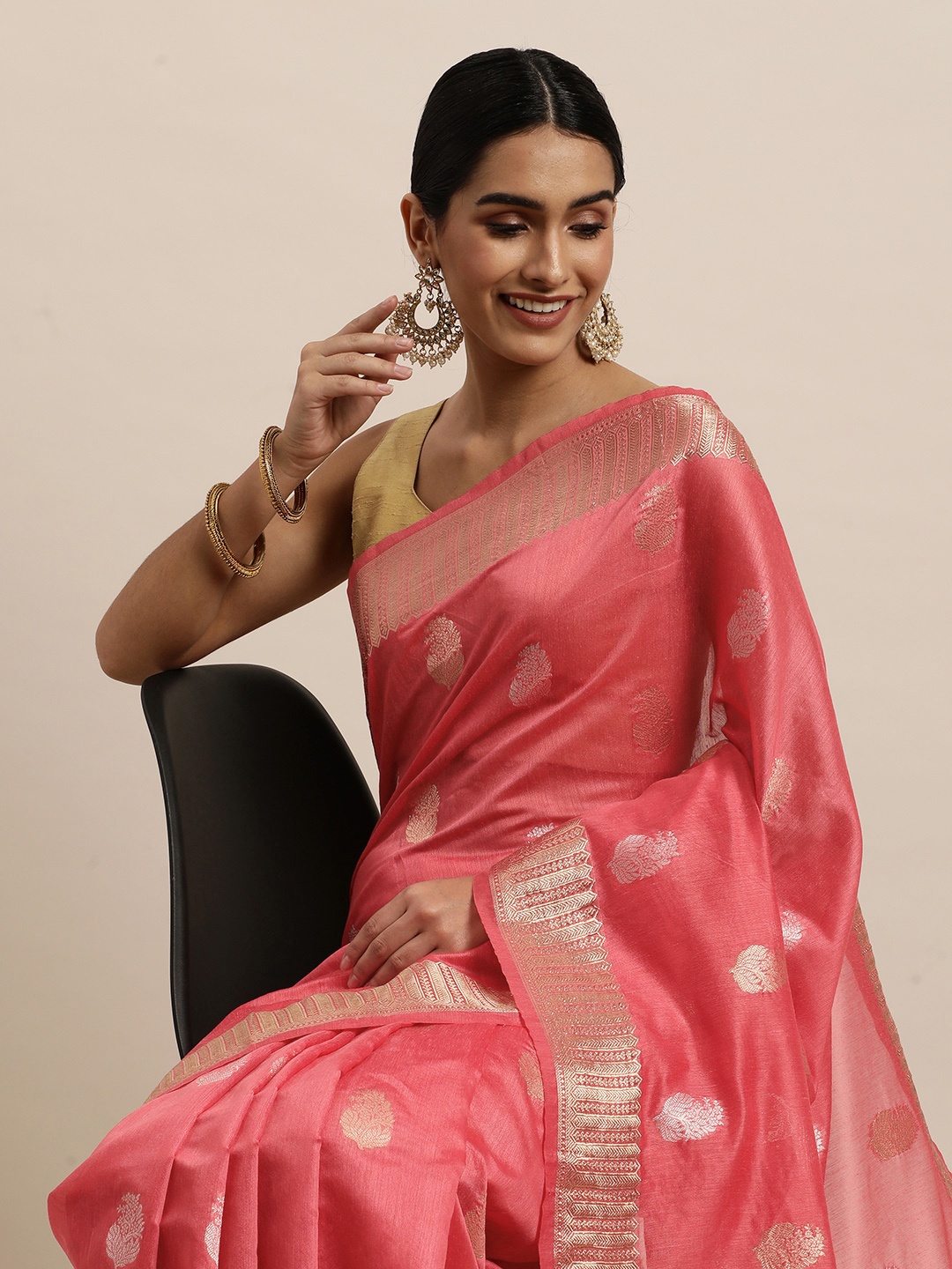 

Saree Swarg Coral & Golden Ethnic Motifs Woven Design Banarasi Sarees