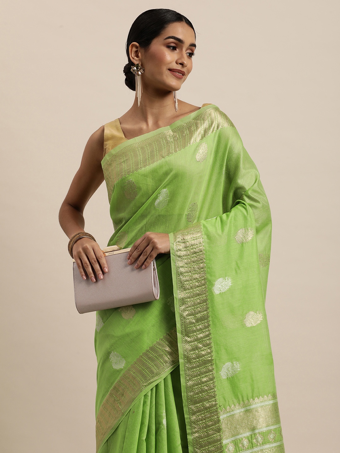 

Saree Swarg Green & Golden Ethnic Motifs Woven Design Banarasi Sarees