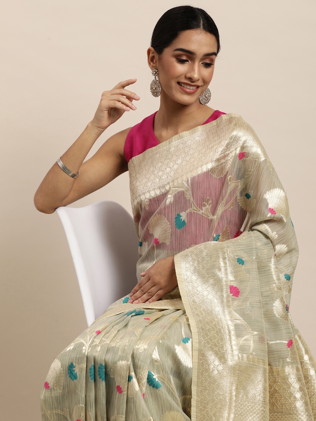 

Saree Swarg Beige Ethnic Motifs Linen Blend Banarasi Sarees