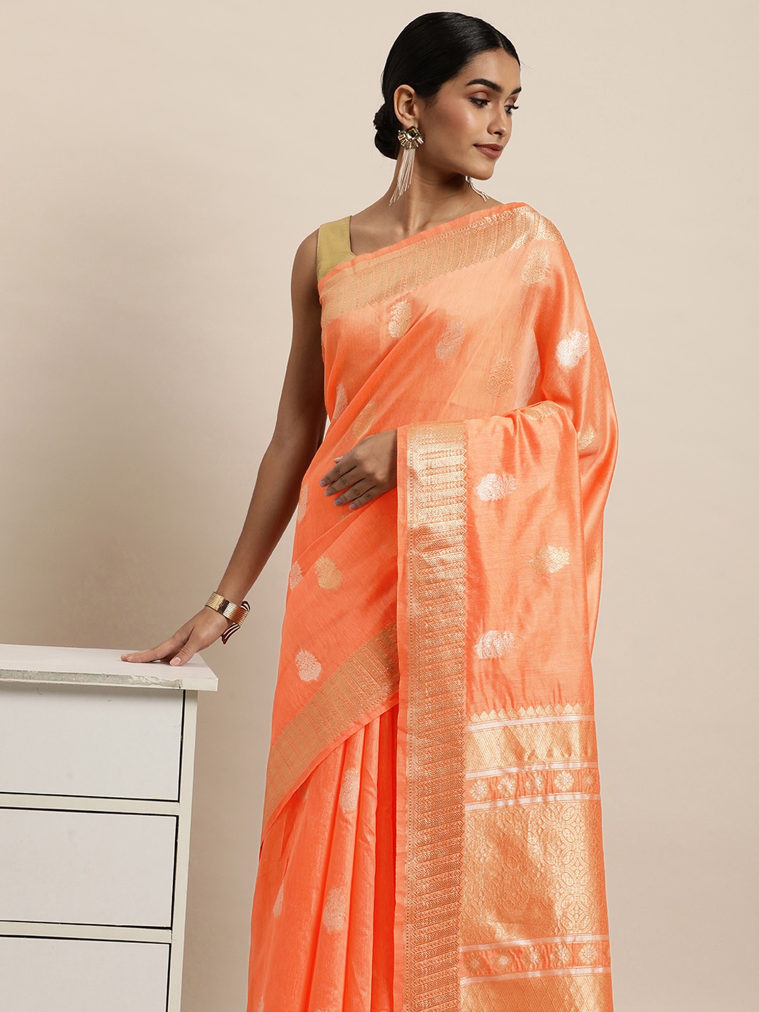 

Saree Swarg Peach-Coloured & Golden Ethnic Motifs Woven Design Banarasi Sarees