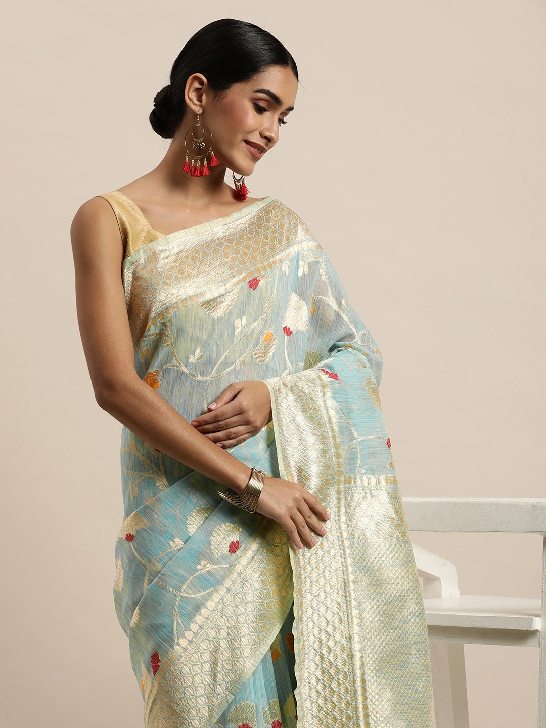 

Saree Swarg Blue Ethnic Motifs Linen Blend Banarasi Sarees