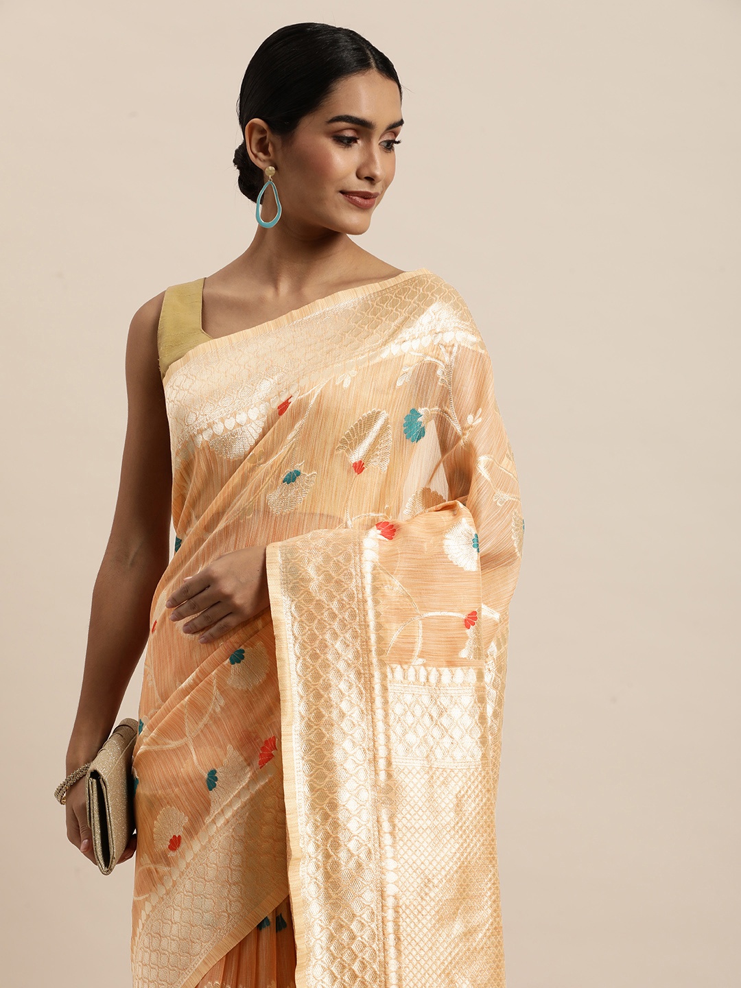 

Saree Swarg Peach-Coloured Ethnic Motifs Linen Blend Banarasi Sarees