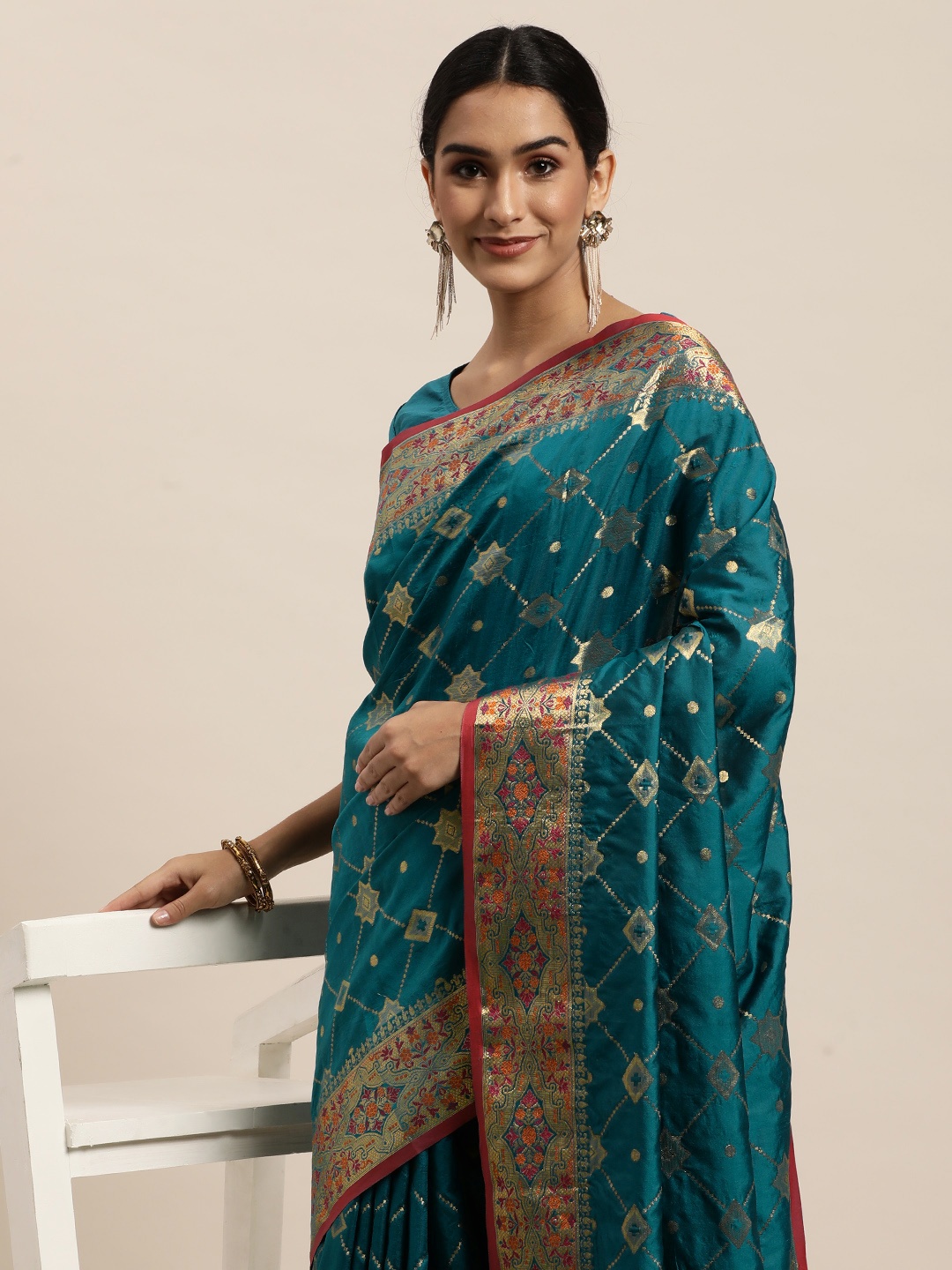

Saree Swarg Teal Green & Golden Ethnic Motifs Silk Blend Banarasi Sarees