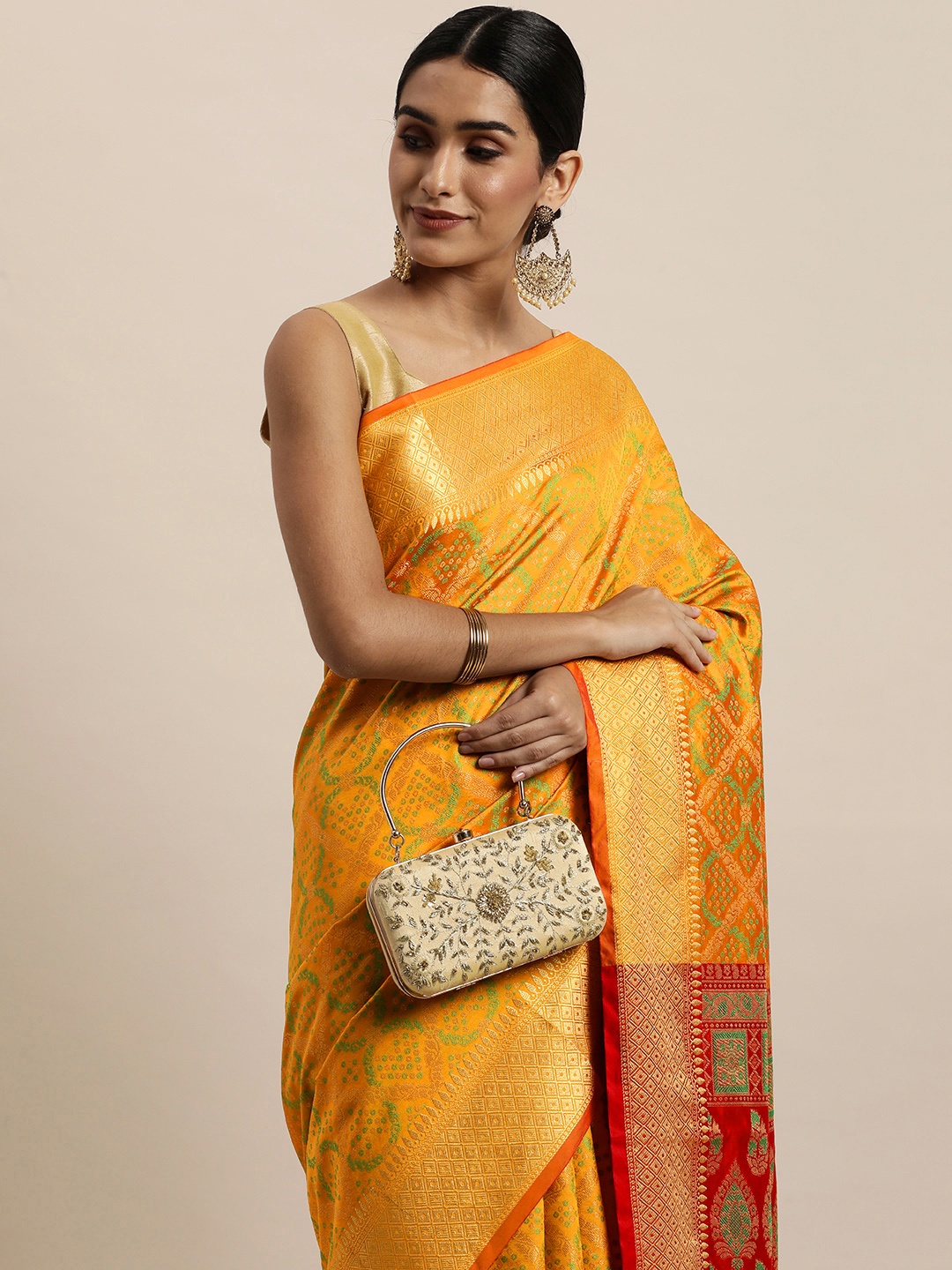 

Saree Swarg Mustard Yellow Ethnic Motifs Silk Blend Banarasi Sarees