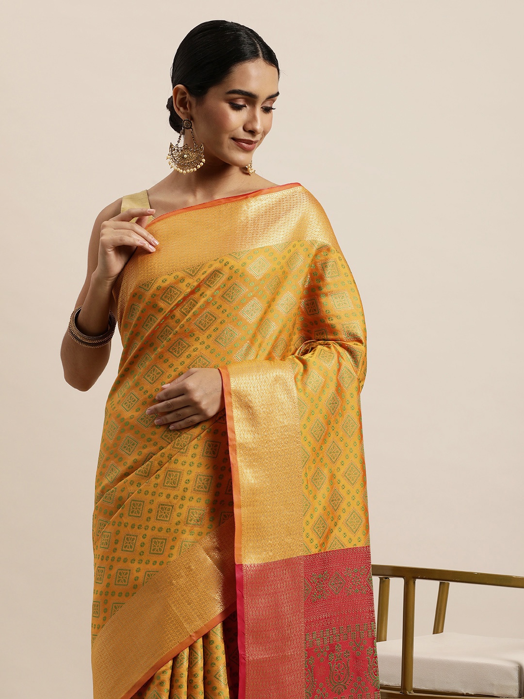 

Saree Swarg Mustard Yellow & Red Ethnic Motifs Woven Design Banarasi Sarees