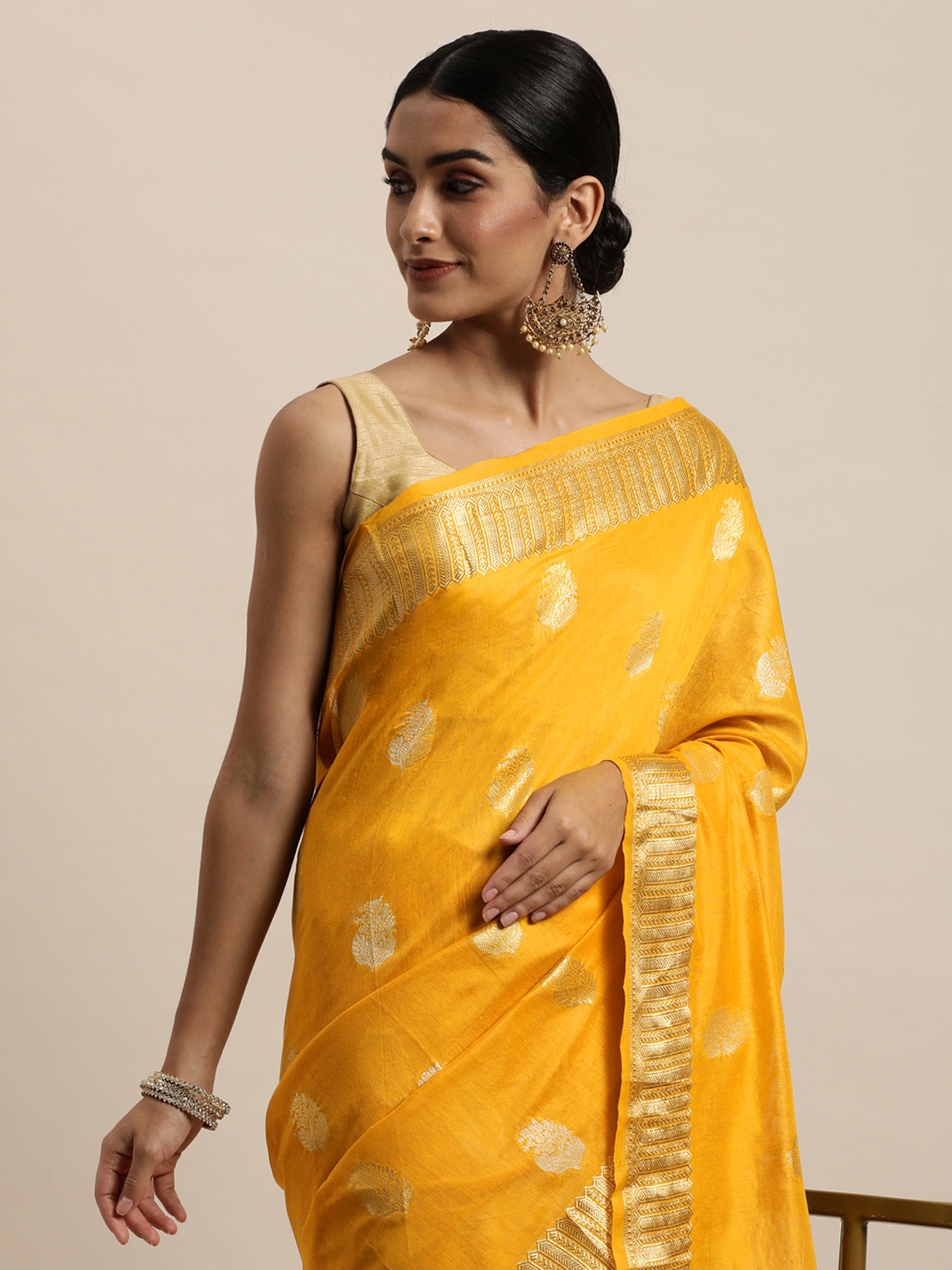 

Saree Swarg Mustard Yellow Ethnic Motifs Silk Cotton Banarasi Sarees