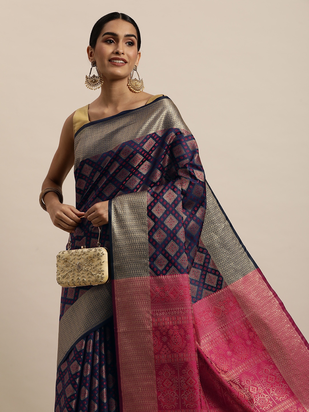 

Saree Swarg Navy Blue & Magenta Ethnic Motifs Woven Design Banarasi Sarees