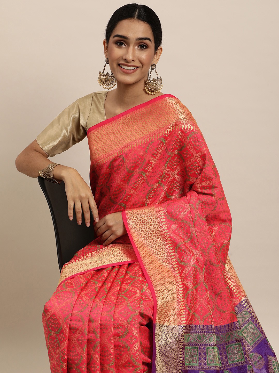 

Saree Swarg Red Ethnic Motifs Silk Blend Banarasi Sarees