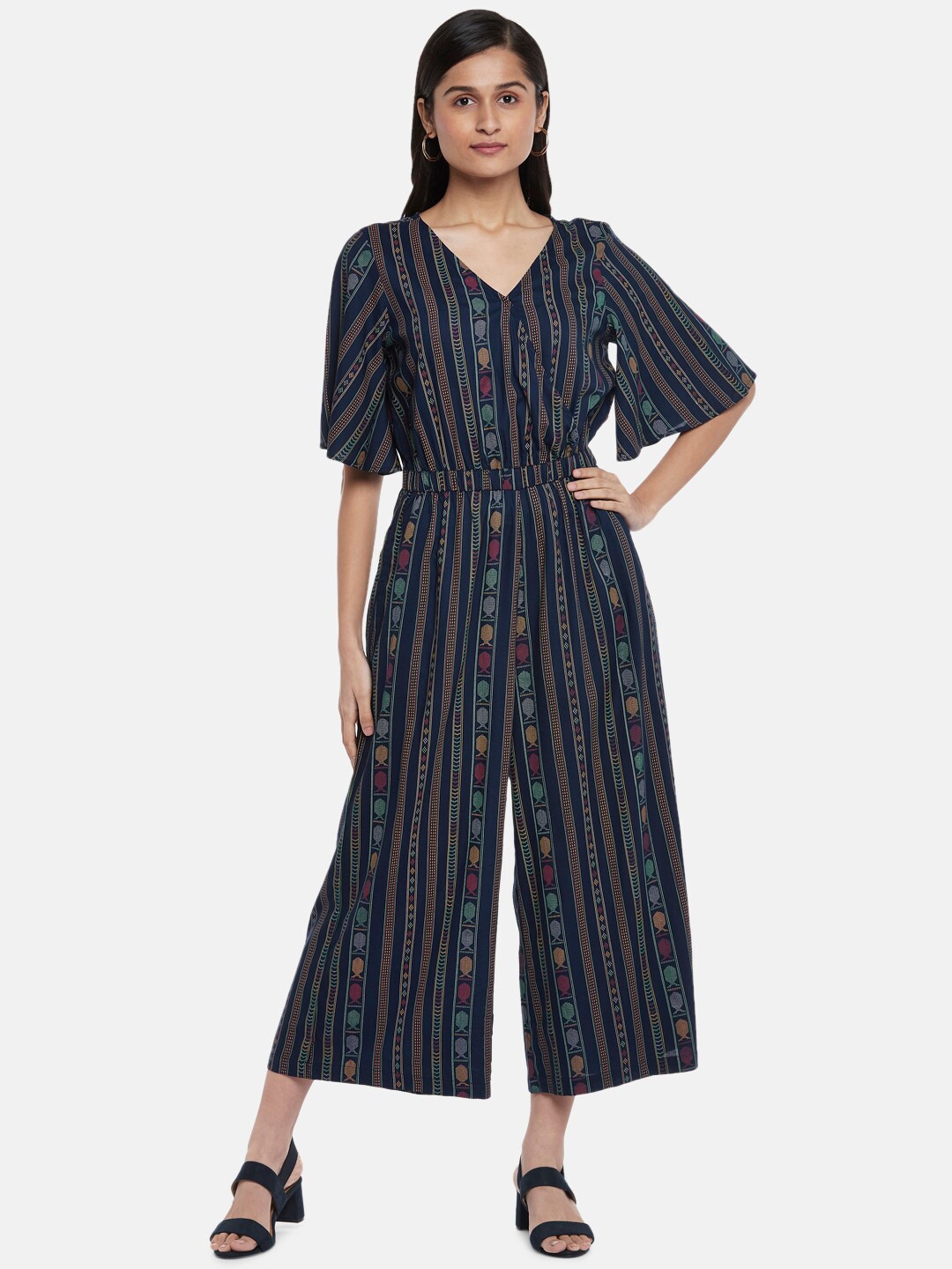 

People Navy Blue & Red Printed Basic Jumpsuit