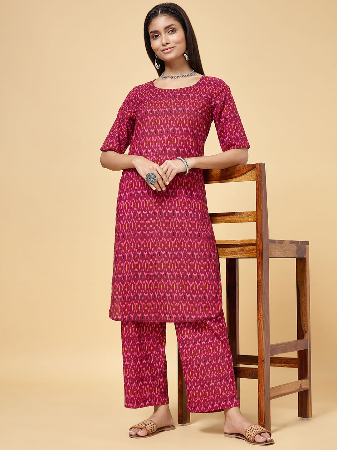 

RANGMANCH BY PANTALOONS Women Maroon Printed Pure Cotton Kurti with Trousers