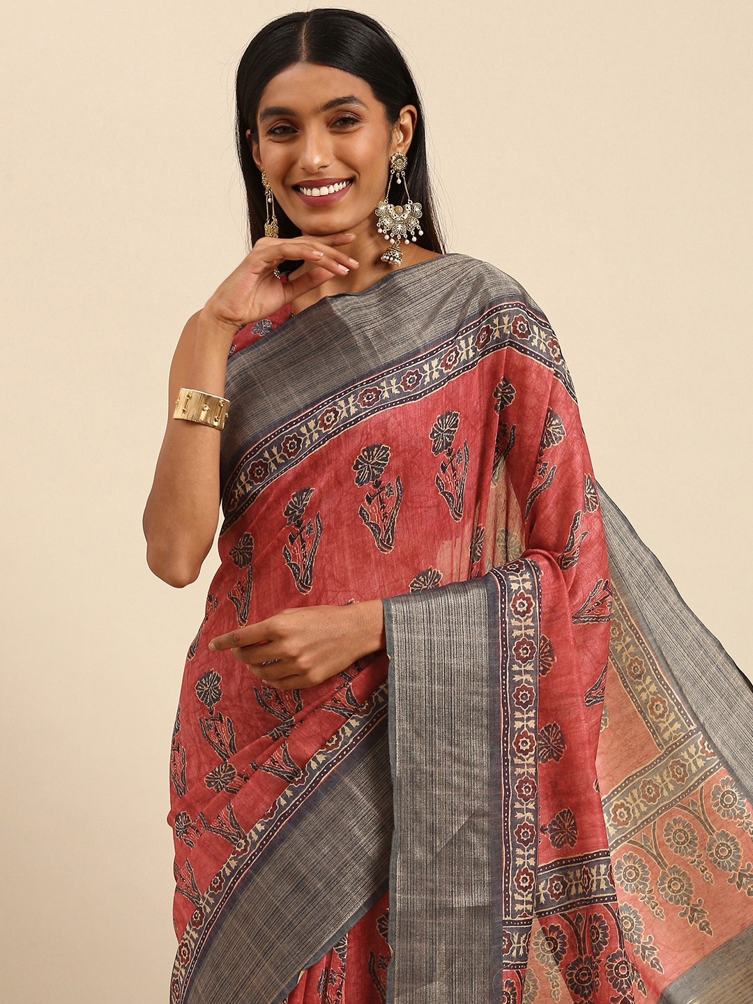 

all about you Pink & Grey Ethnic Motifs Print Art Silk Tussar Saree