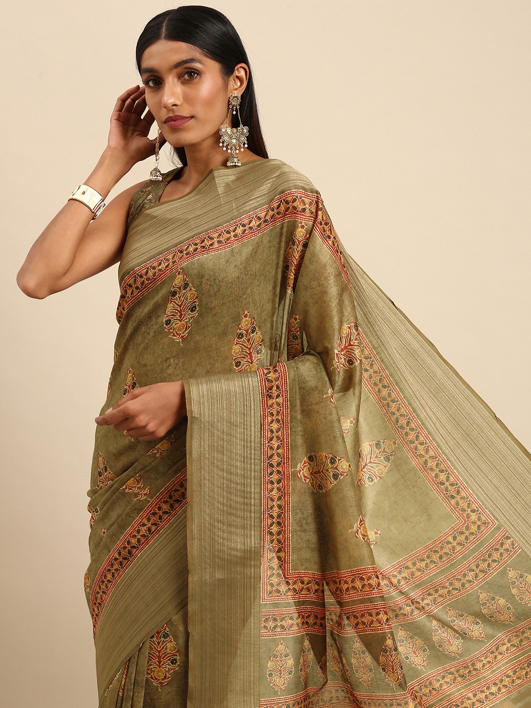

all about you Olive Brown & Red Ethnic Motifs Print Art Silk Tussar Saree