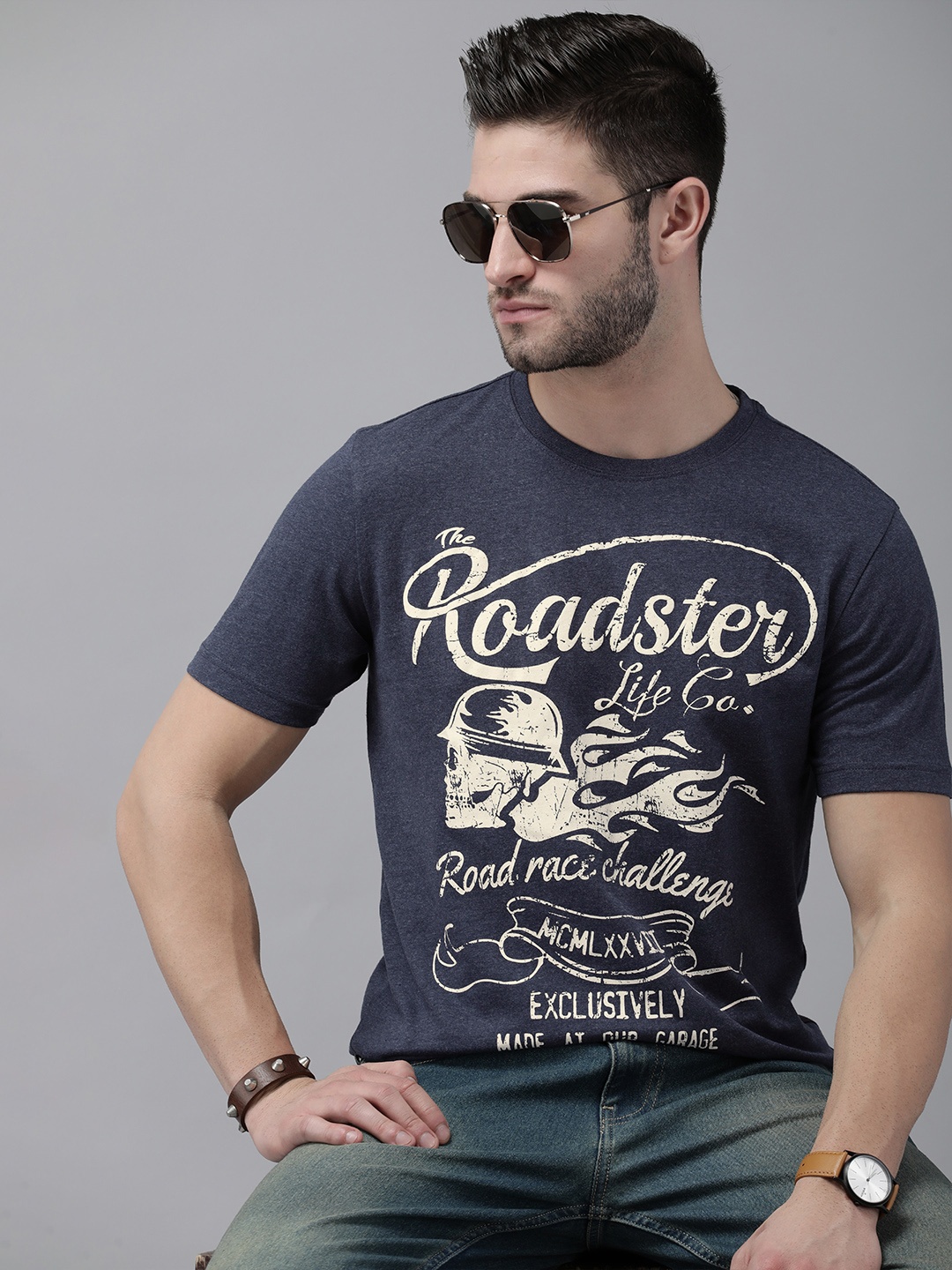 

Roadster Men Navy Blue Brand Logo Printed T-shirt