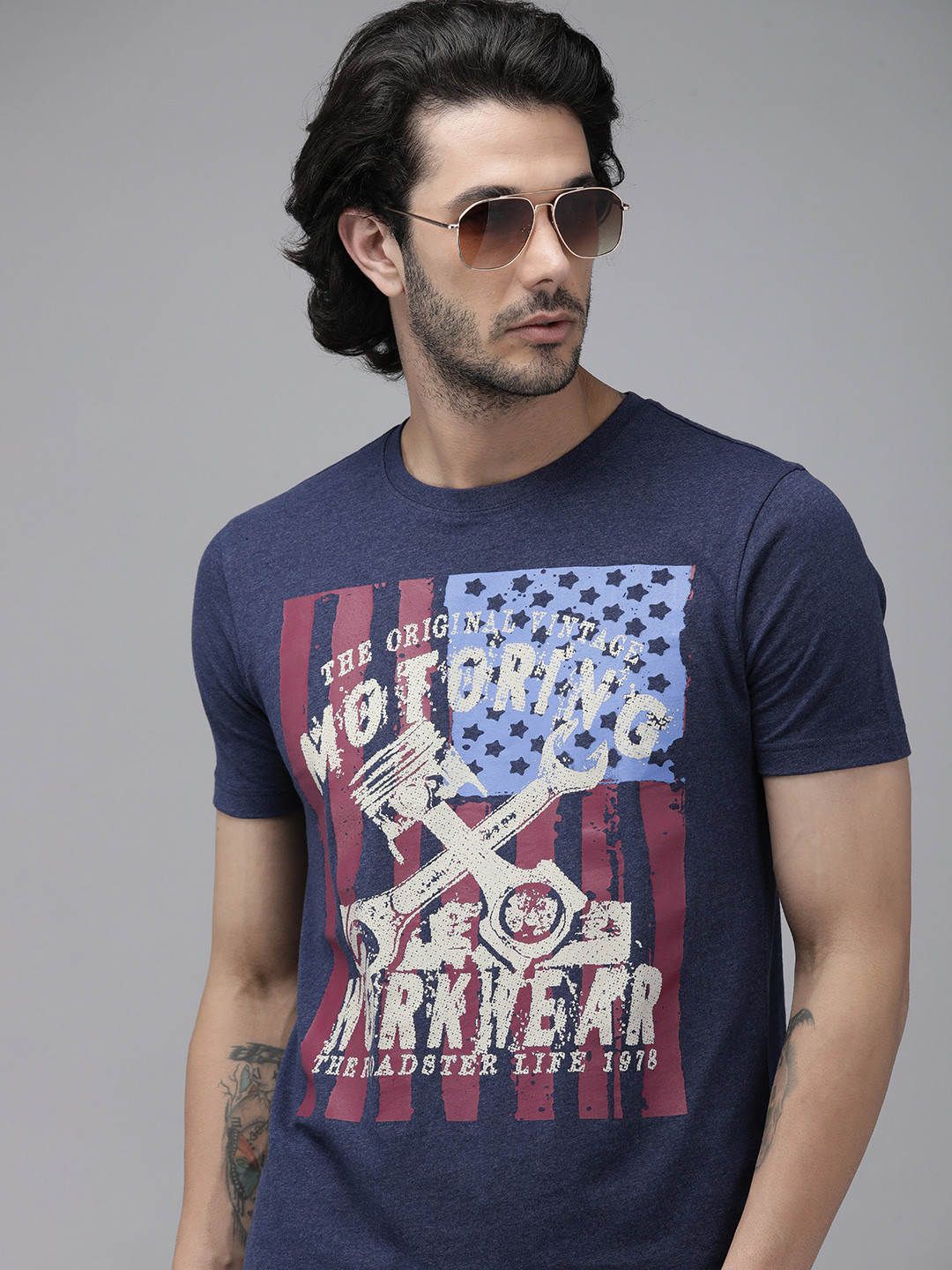 

Roadster Men Blue Typography Printed Pure Cotton T-shirt