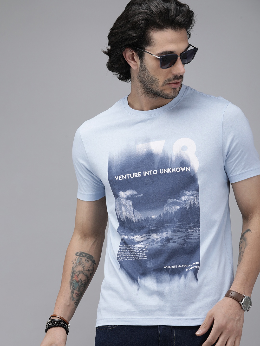 

Roadster Men Blue & White Printed Cotton T-shirt