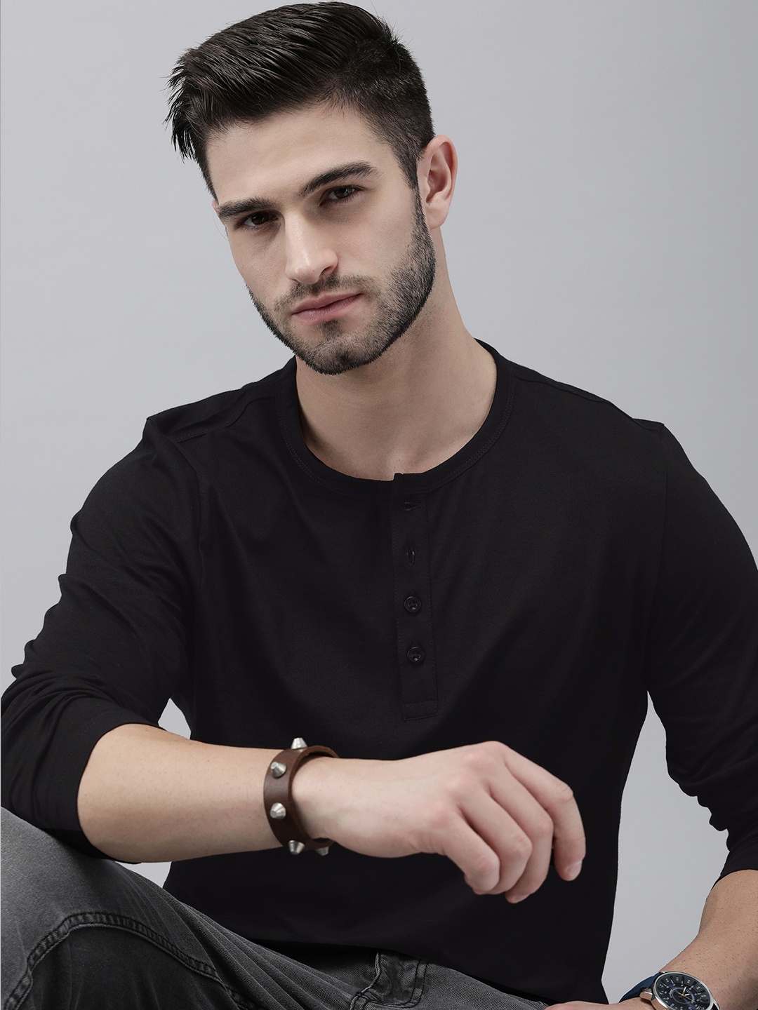 

Roadster Men Black Henley Neck Solid Pure Cotton T-shirt