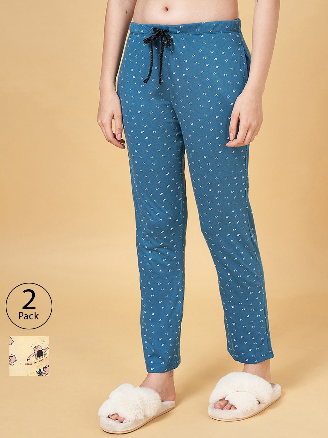 

Dreamz by Pantaloons Women Pack Of 2 Printed Cotton Lounge Pants, Yellow