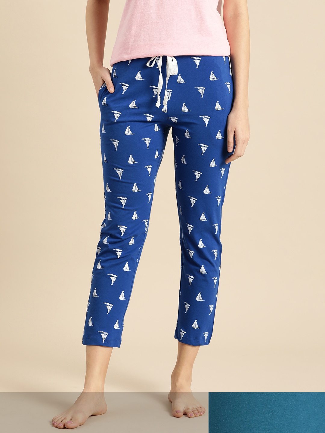 

Dreamz by Pantaloons Women Pack of 2 Printed Pure Cotton Lounge Pants, Blue