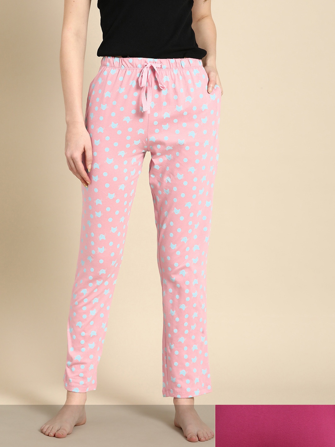 

Dreamz by Pantaloons Women Pack Of 2 Printed Cotton Lounge Pants, Pink