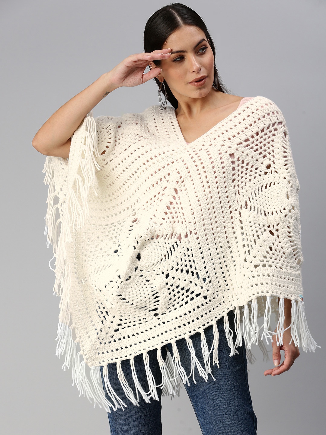 

Magic Needles Women White Woven Design Handmade Poncho