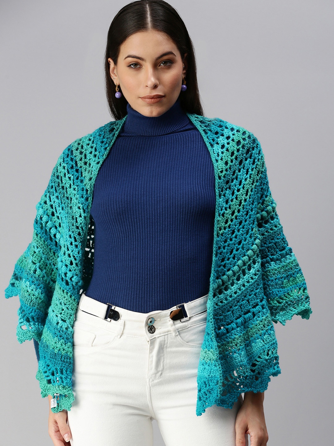 

Magic Needles Women Green Striped Handmade Poncho