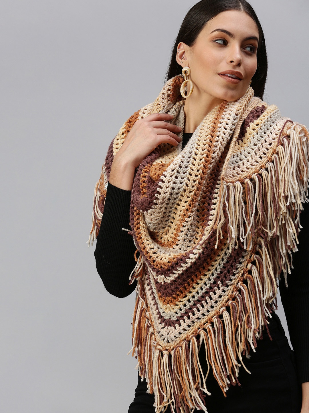 

Magic Needles Women Brown & Beige Striped Handmade Poncho